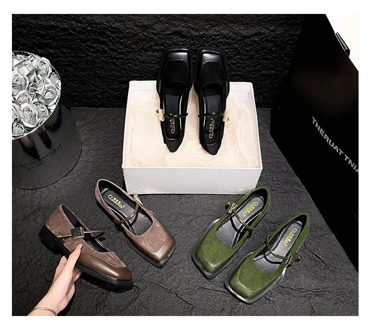 French Style Retro Flat Bottom Grandma Shoes Women's Shallow Mouth Design Sense Color-matching Square Head Elegant Mary Jane Shoes Women — feature 2