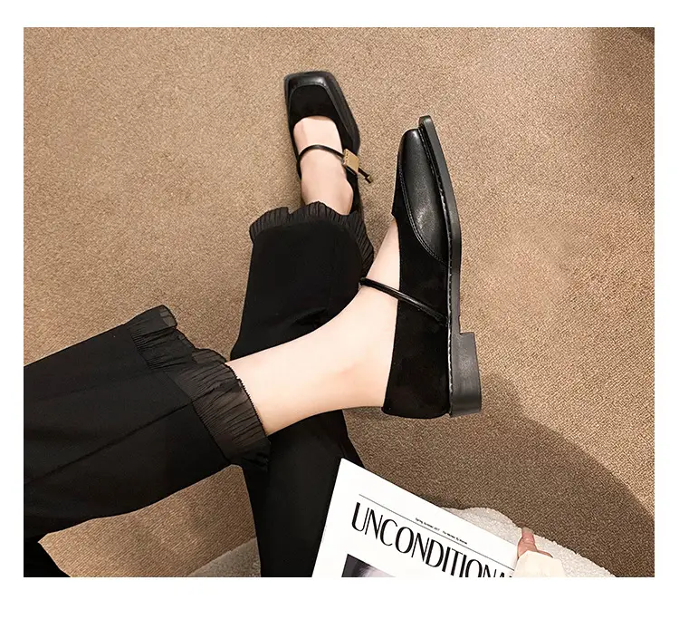 French Style Retro Flat Bottom Grandma Shoes Women's Shallow Mouth Design Sense Color-matching Square Head Elegant Mary Jane Shoes Women — feature 3