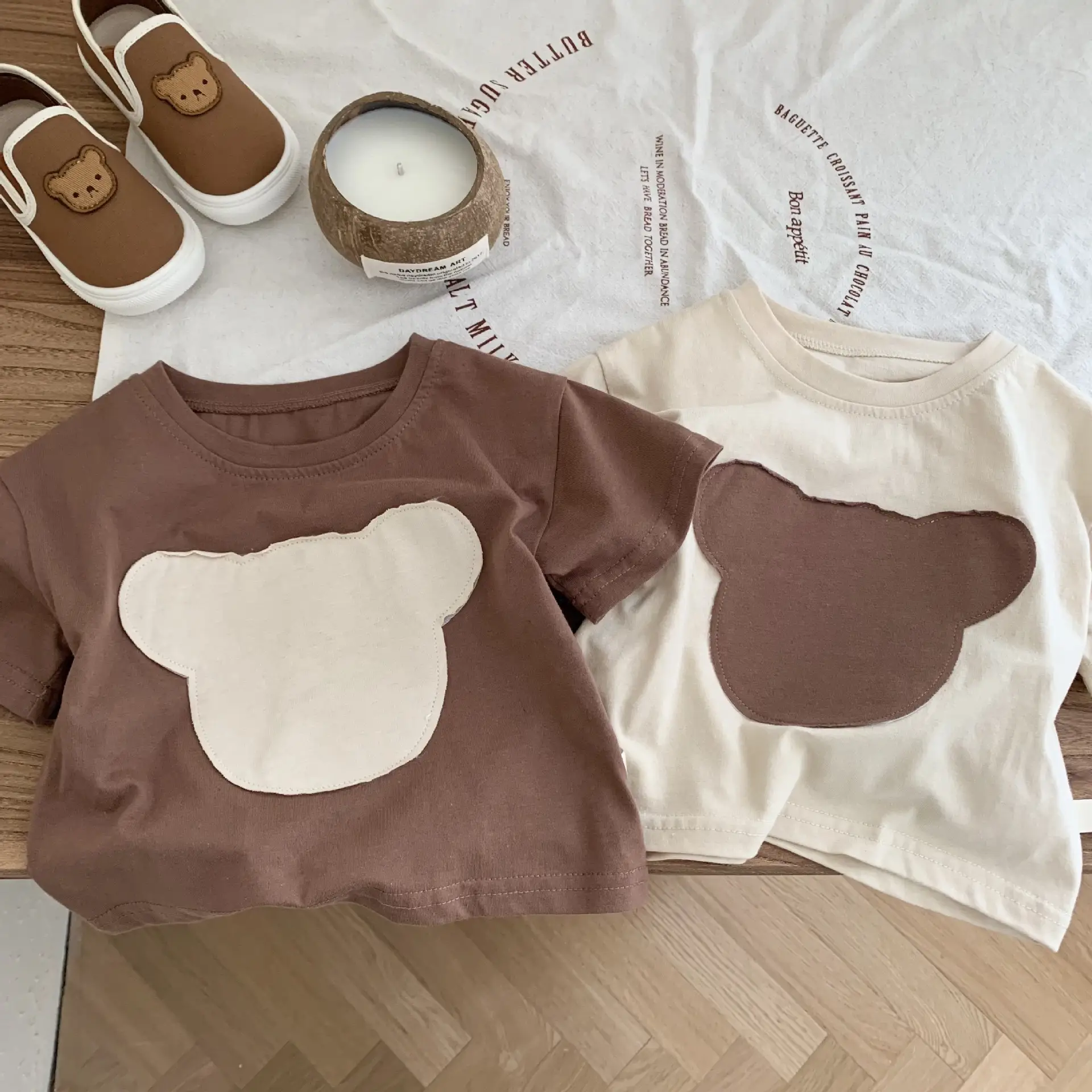 Children Patchwork Bear T-Shirt Brown Cream Medium