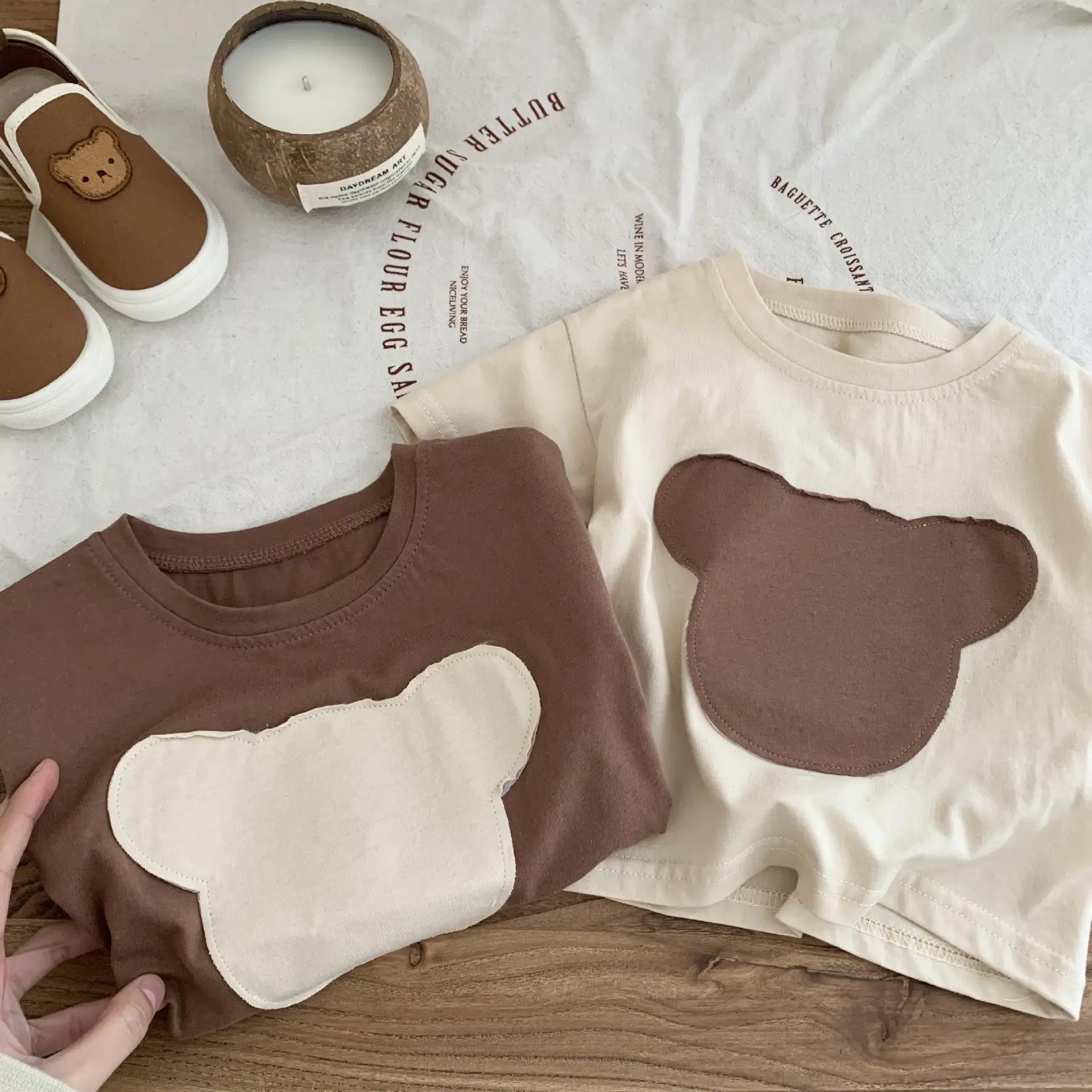 Children Patchwork Bear T-Shirt Brown Cream Medium