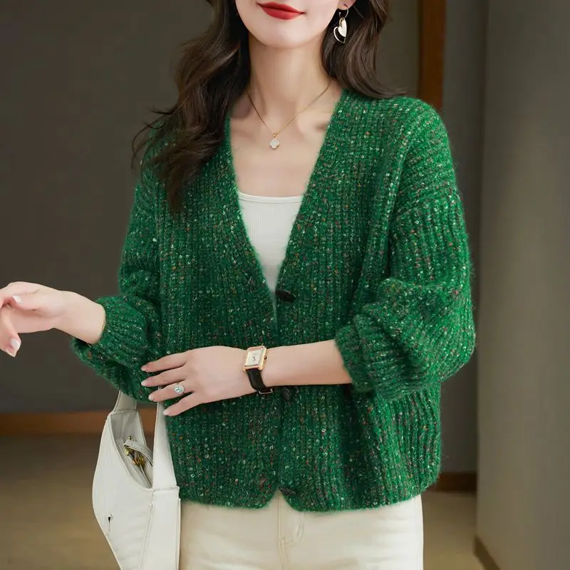 Women's V-Neck Knitted Cardigan Brown Loose Lazy Style