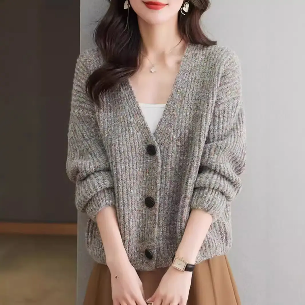 Women's V-Neck Knitted Cardigan Brown Loose Lazy Style