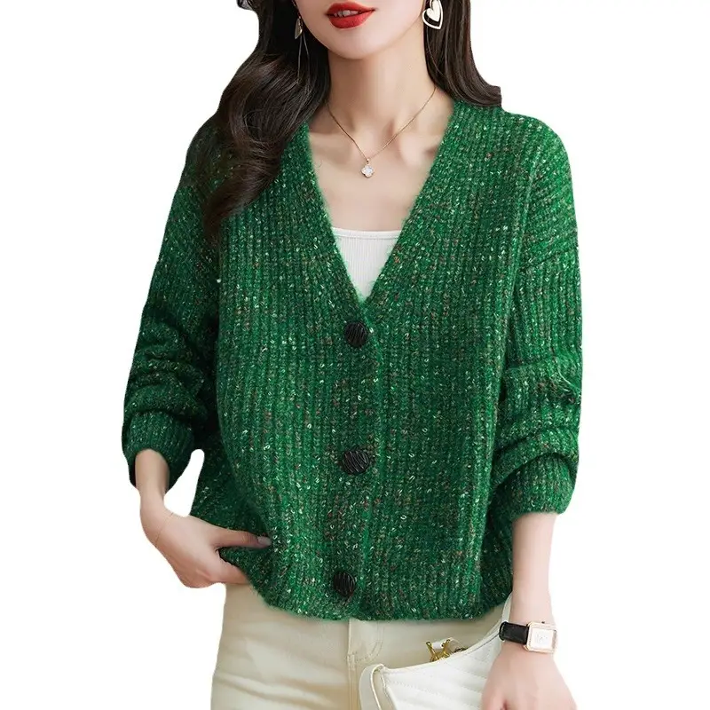 Women's V-Neck Knitted Cardigan Brown Loose Lazy Style