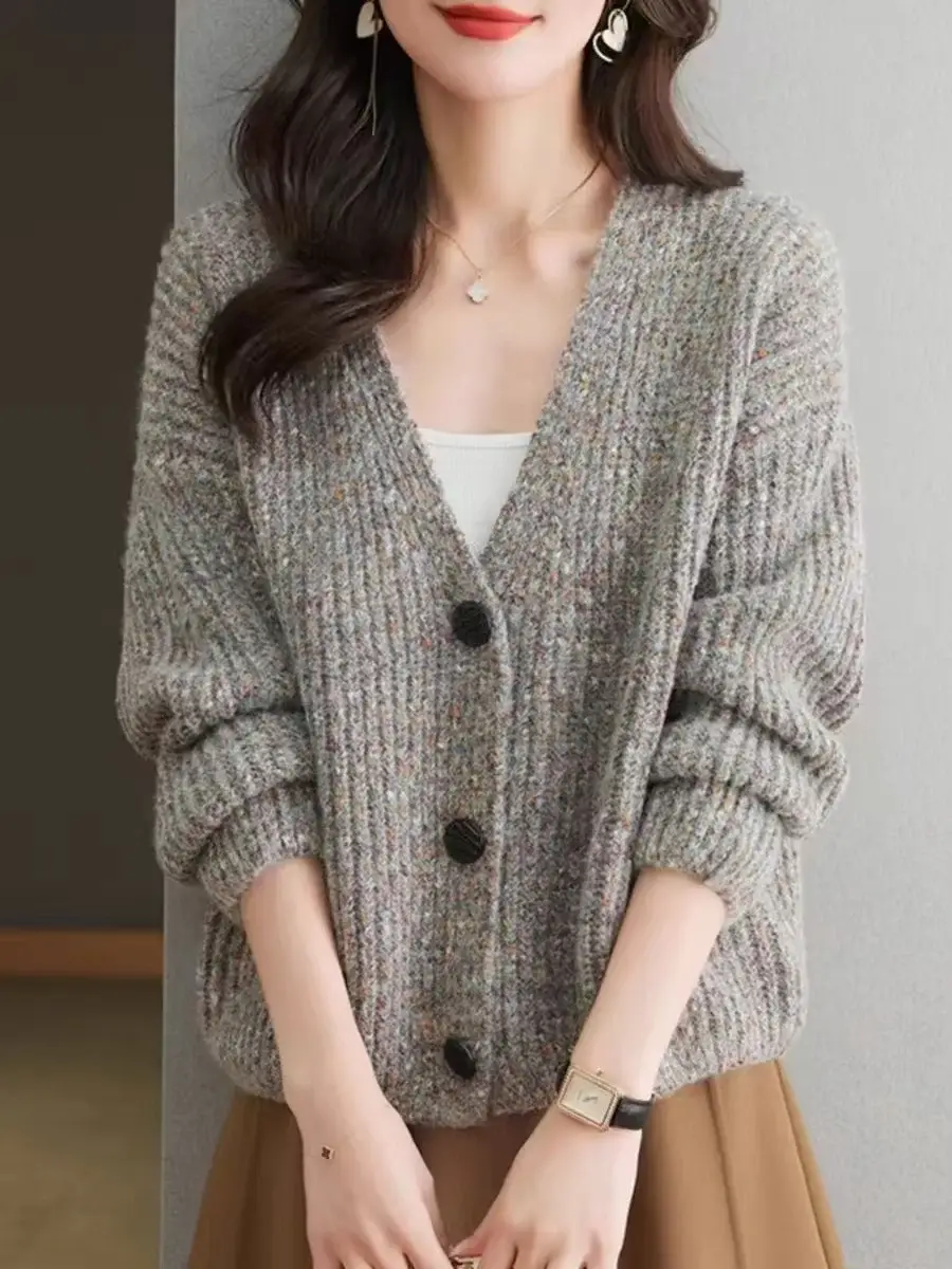 Women's V-Neck Knitted Cardigan Brown Loose Lazy Style — feature 1