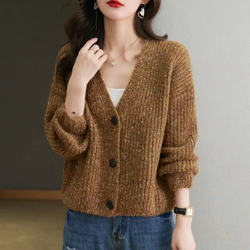 Women's V-Neck Knitted Cardigan Brown Loose Lazy Style — feature 3