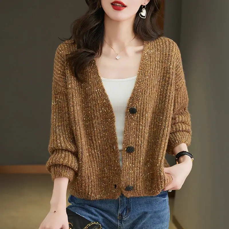 Women's V-Neck Knitted Cardigan Brown Loose Lazy Style — feature 4