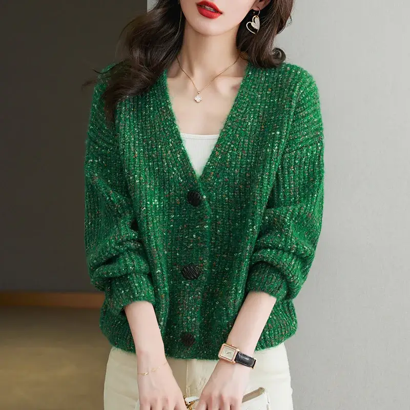 Women's V-Neck Knitted Cardigan Brown Loose Lazy Style — feature 6