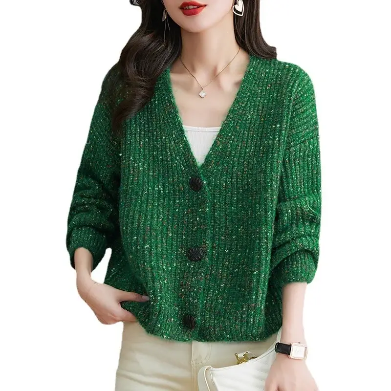 Women's V-Neck Knitted Cardigan Brown Loose Lazy Style — feature 7