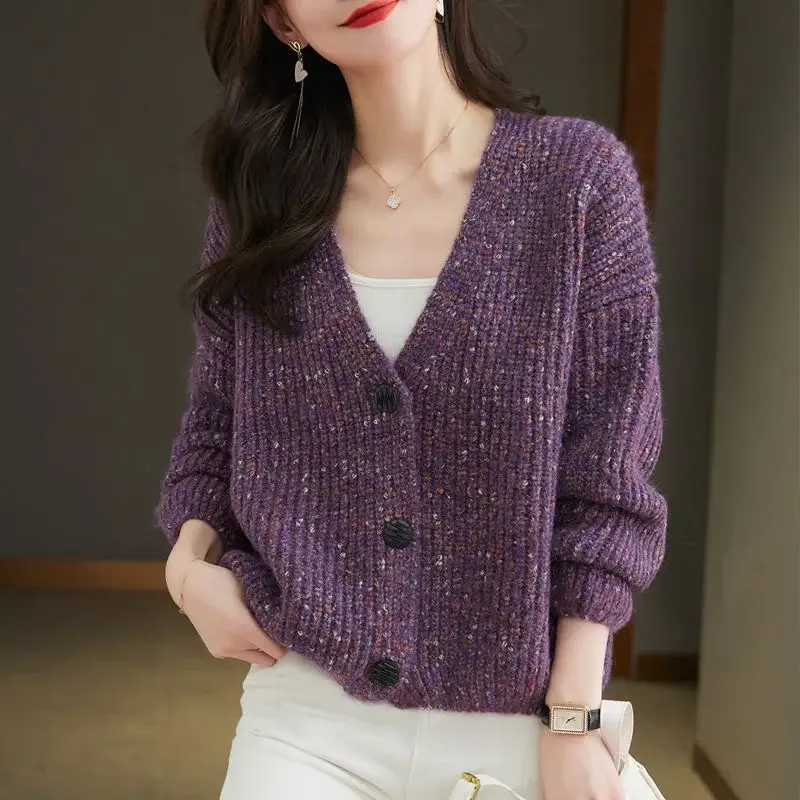 Women's V-Neck Knitted Cardigan Brown Loose Lazy Style — feature 8