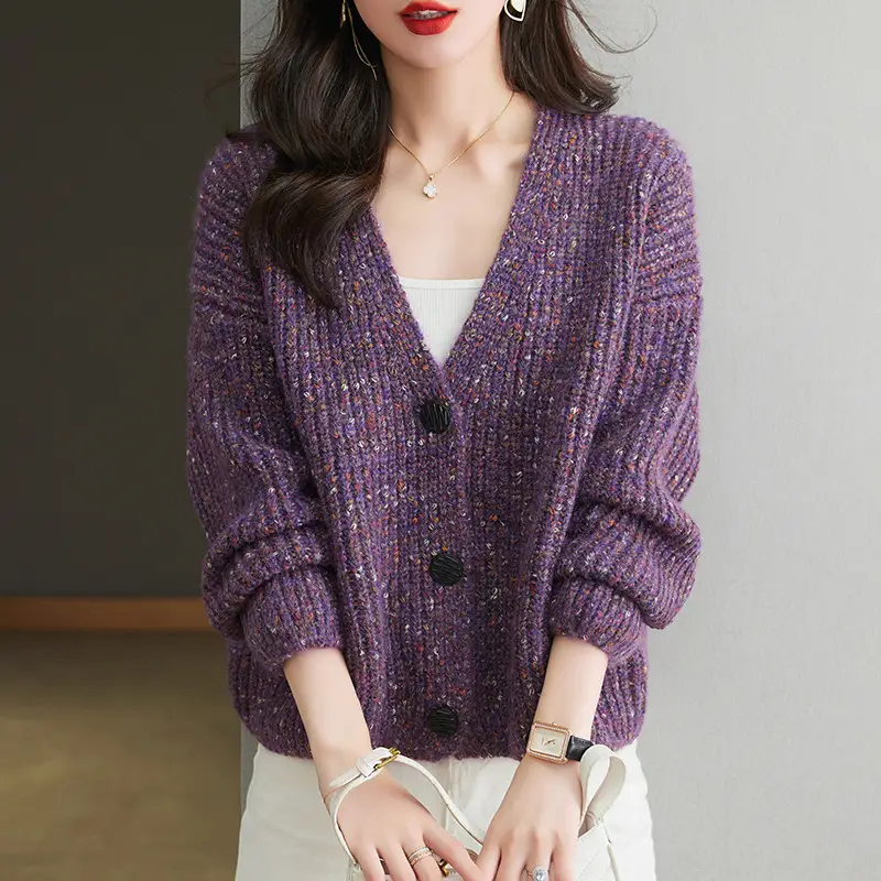 Women's V-Neck Knitted Cardigan Brown Loose Lazy Style
