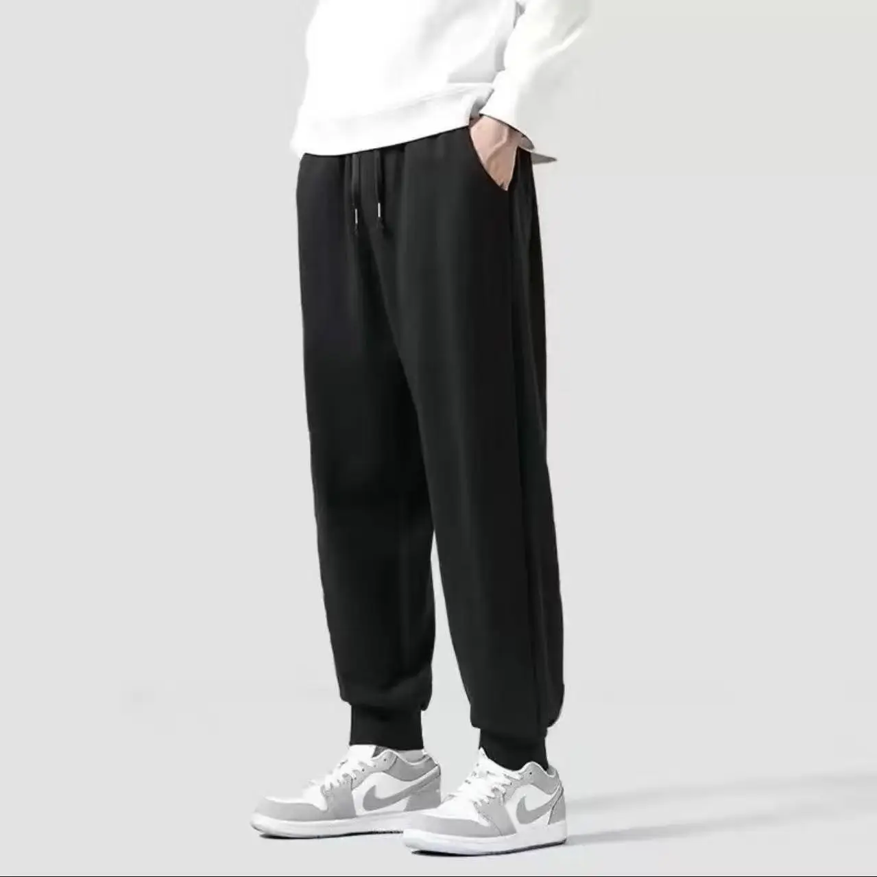 Men Fleece Jogger Pants Black Sweatpants Spring Autumn - Image 3
