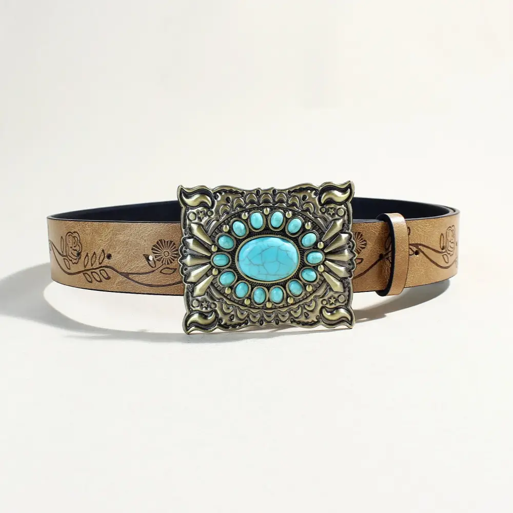 Women's Western Buckle Belt with Turquoise Beads - Image 4