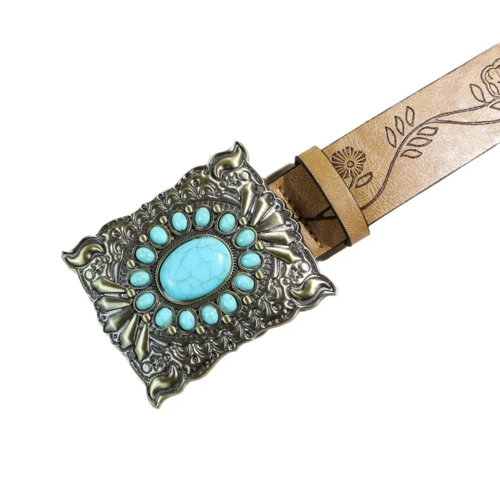 Women's Western Buckle Belt with Turquoise Beads - Image 7