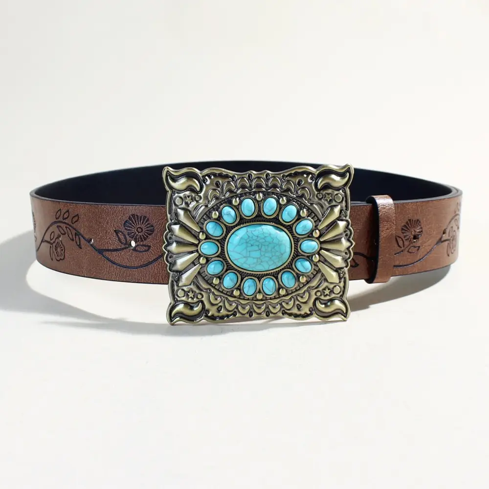Women's Western Buckle Belt with Turquoise Beads - Image 2