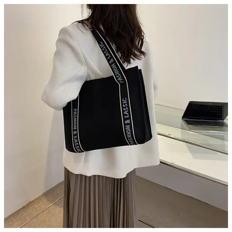 Vintage Canvas Shoulder Bag Black Large Capacity - Image 5