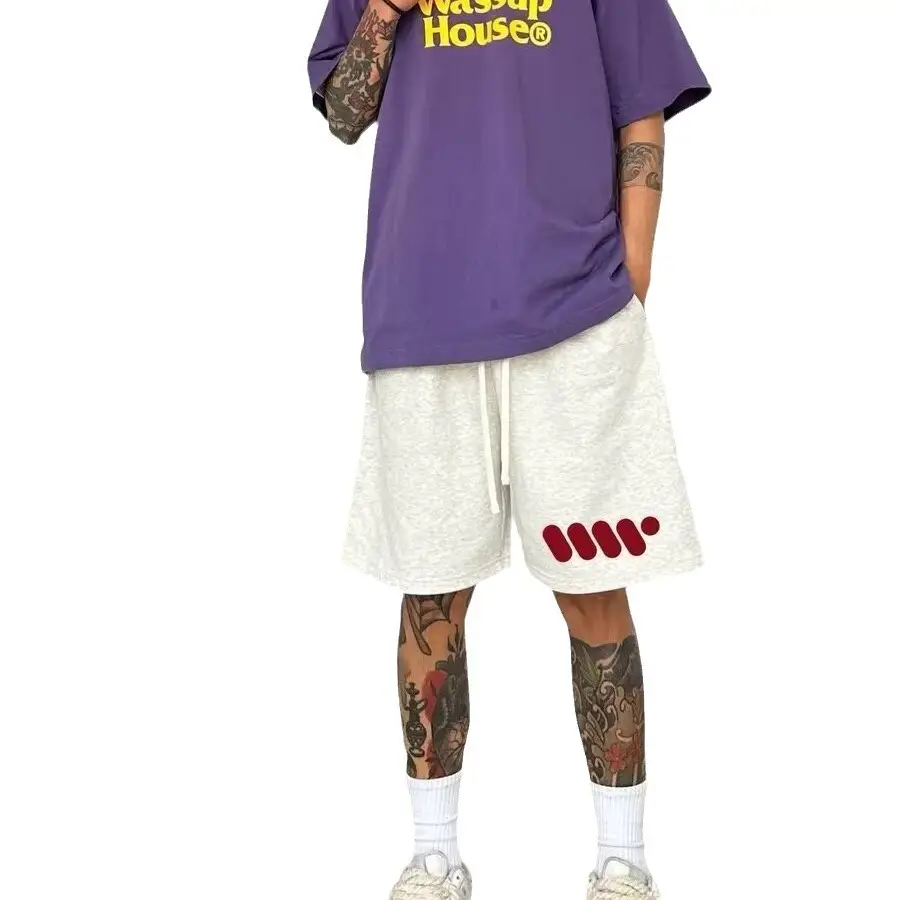 Men Cotton Four-point Shorts Purple White Large
