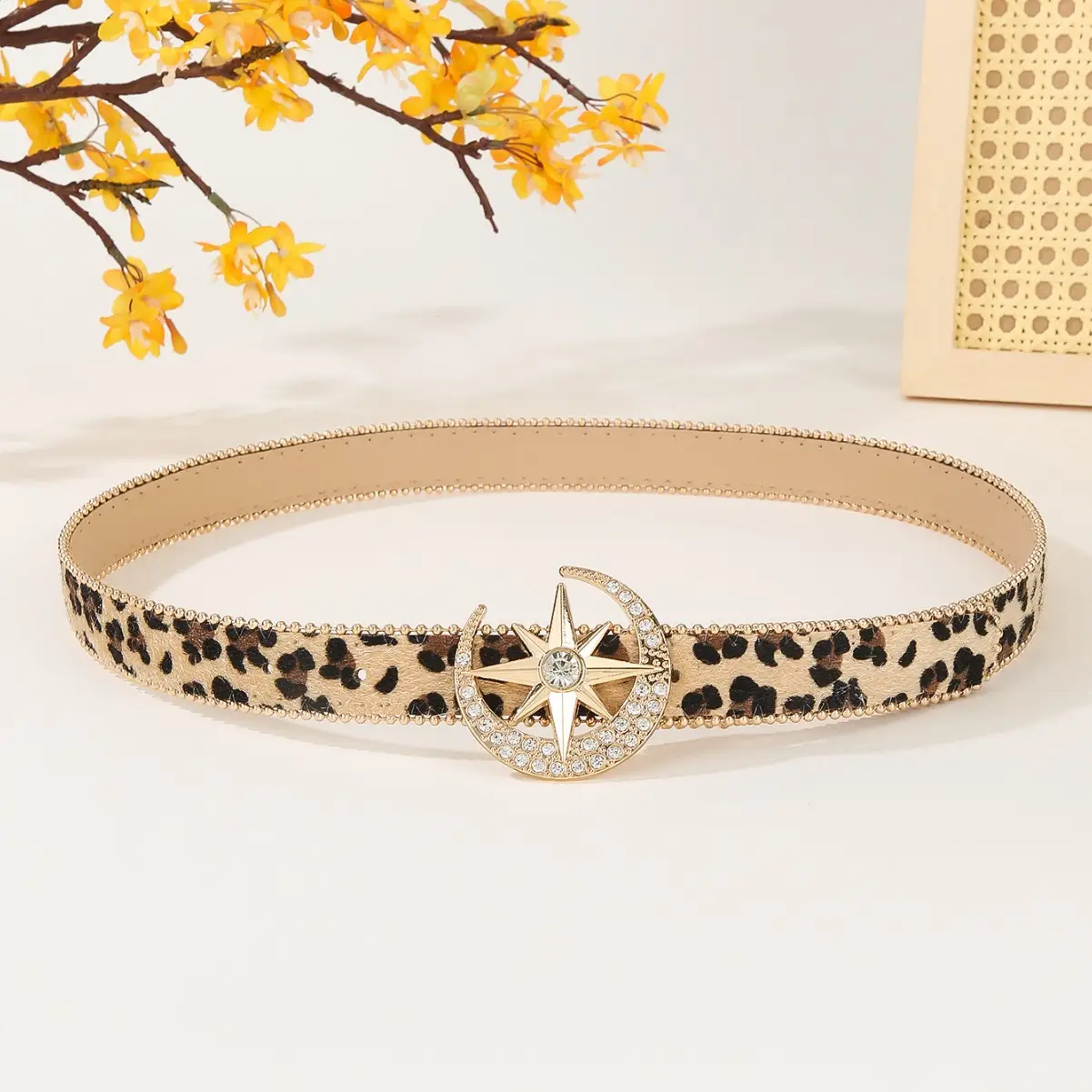 Women's Leopard Print Rhinestone Belt with Star Buckle