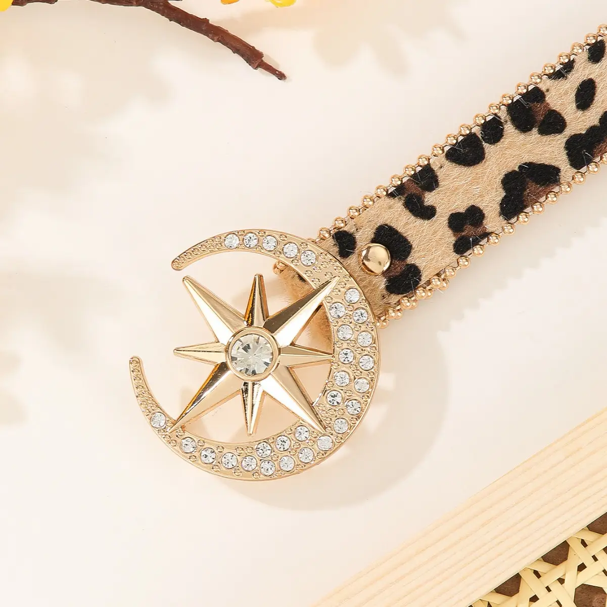Women's Leopard Print Rhinestone Belt with Star Buckle