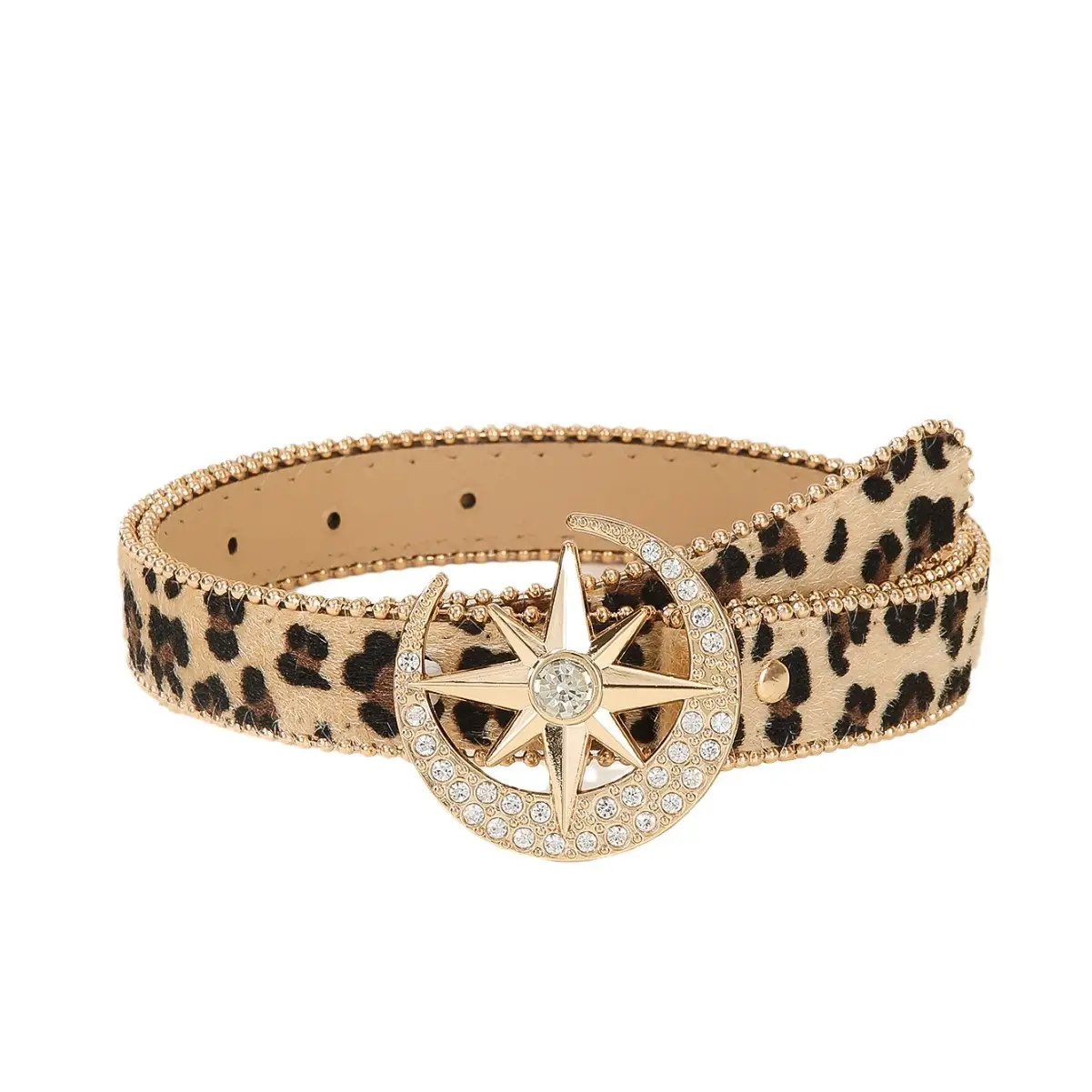 Women's Leopard Print Rhinestone Belt with Star Buckle