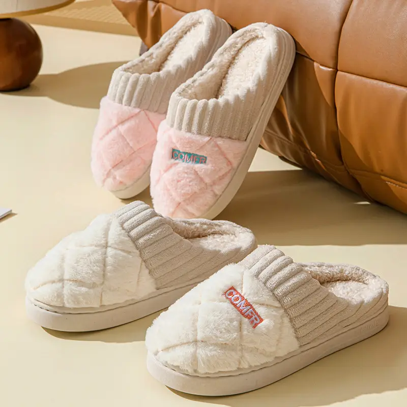 Men's Cotton Slippers for Autumn and Winter, Color-Blocking, Comfortable Indoor Thick-Soled Warm Couple Plush Slippers, Maternity Shoes for Women - Image 6