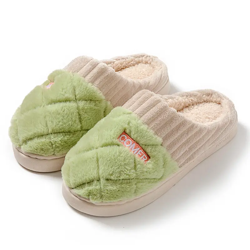 Men's Cotton Slippers for Autumn and Winter, Color-Blocking, Comfortable Indoor Thick-Soled Warm Couple Plush Slippers, Maternity Shoes for Women - Image 3