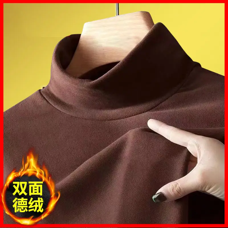Men's Long Sleeve Velvet Turtleneck Shirt Brown - Image 4