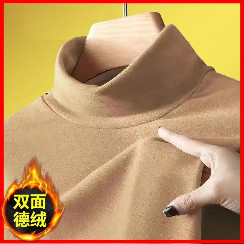 Men's Long Sleeve Velvet Turtleneck Shirt Brown - Image 3
