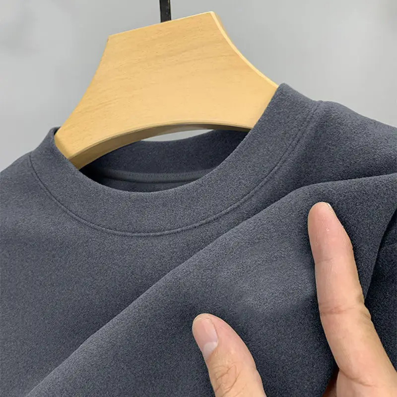Men's Grey Velvet T-Shirt Mid Collar Warm Fleece Lined