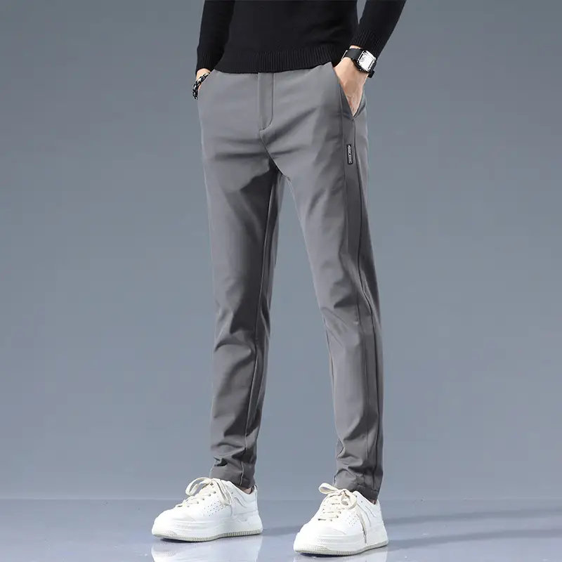 Men's Slim Fit Straight Trousers Grey Olive Winter Thickened