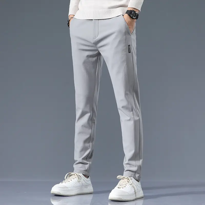 Men's Slim Fit Straight Trousers Grey Olive Winter Thickened