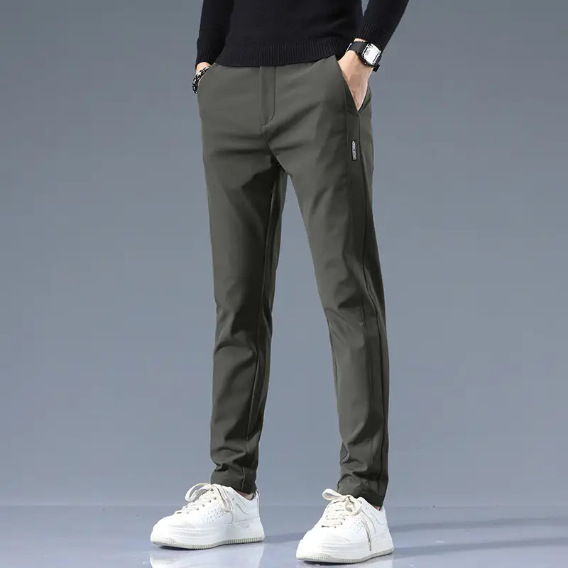 Men's Slim Fit Straight Trousers Grey Olive Winter Thickened