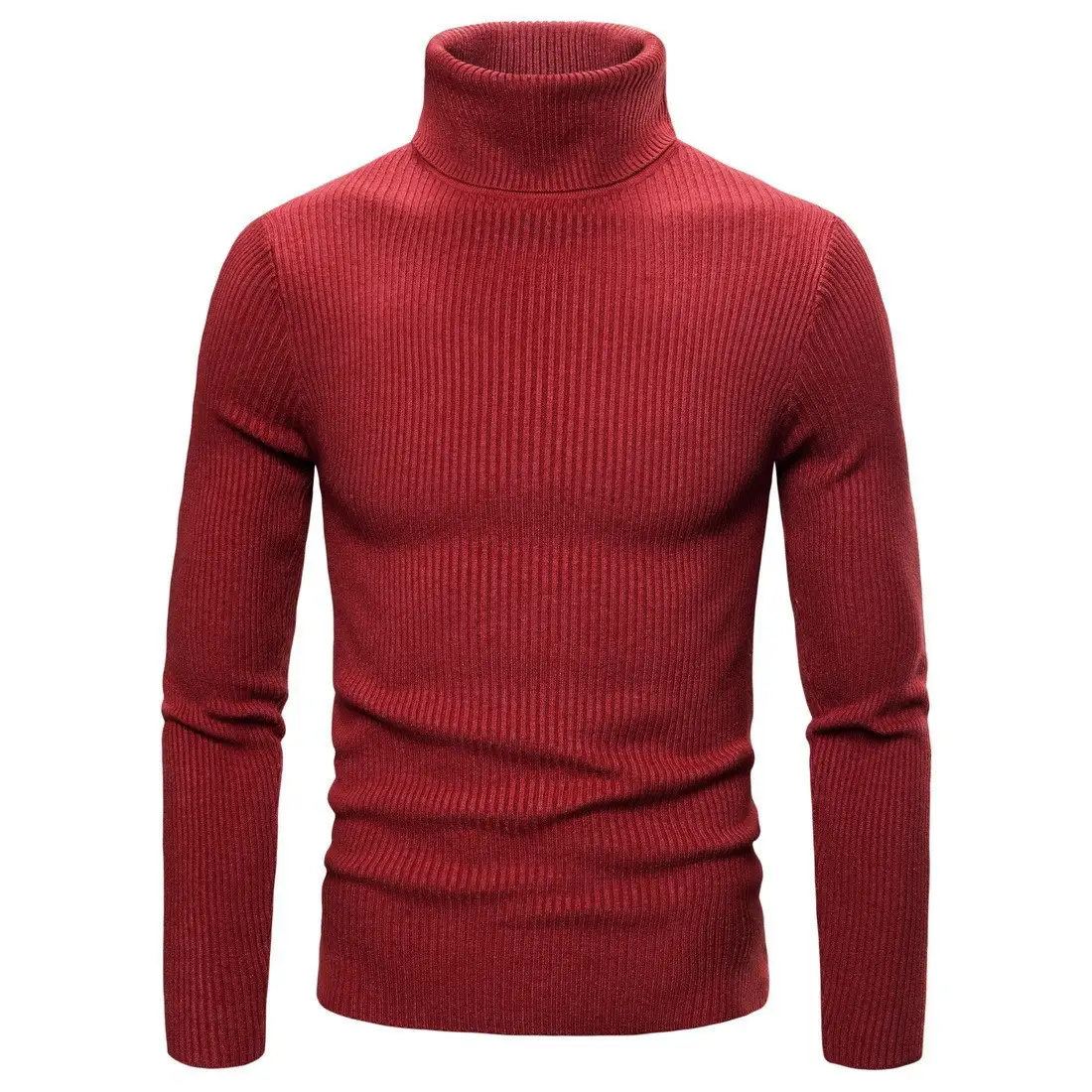 Men's Warm Turtleneck Sweater Brown Ribbed Slim Fit - Image 10