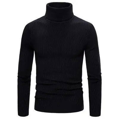 Men's Warm Turtleneck Sweater Brown Ribbed Slim Fit - Image 11