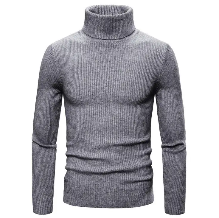 Men's Warm Turtleneck Sweater Brown Ribbed Slim Fit — feature 12