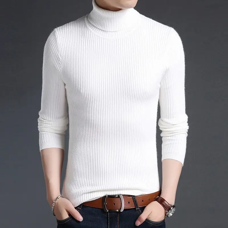 Men's Warm Turtleneck Sweater Brown Ribbed Slim Fit — feature 14