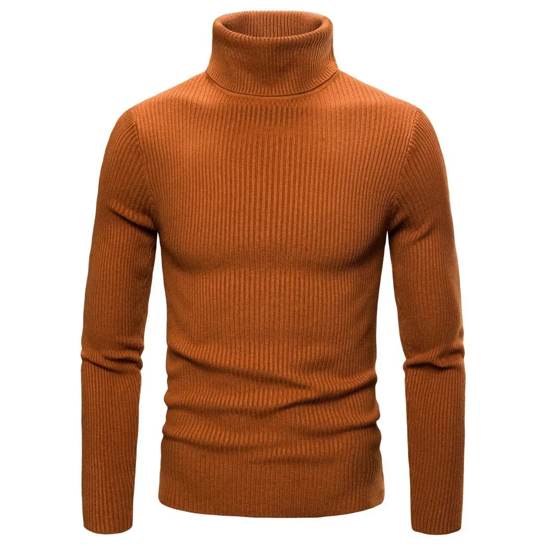 Men's Warm Turtleneck Sweater Brown Ribbed Slim Fit — feature 8