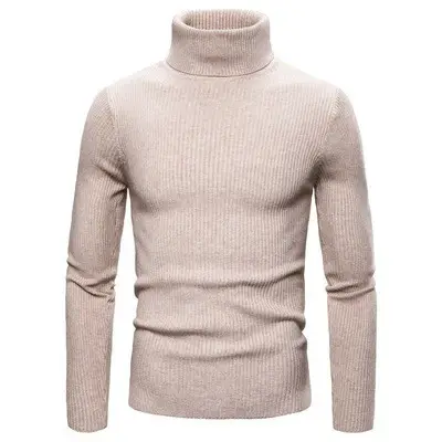 Men's Warm Turtleneck Sweater Brown Ribbed Slim Fit - Image 8