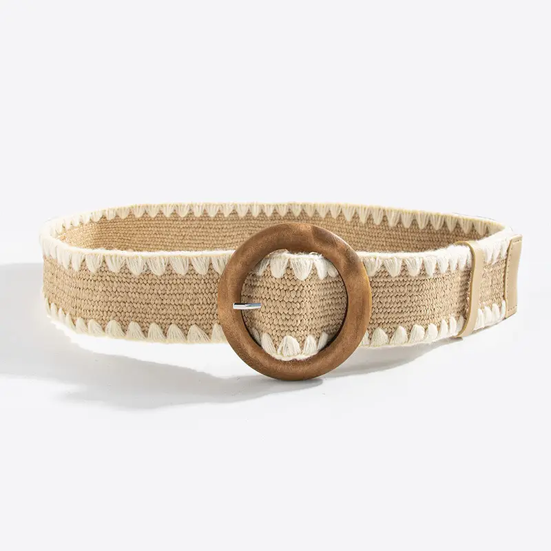 Women's Straw Wool Belt with Wooden Buckle