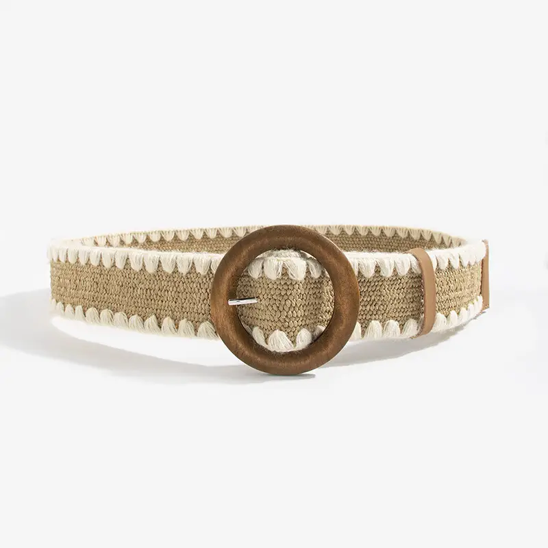 Women's Straw Wool Belt with Wooden Buckle