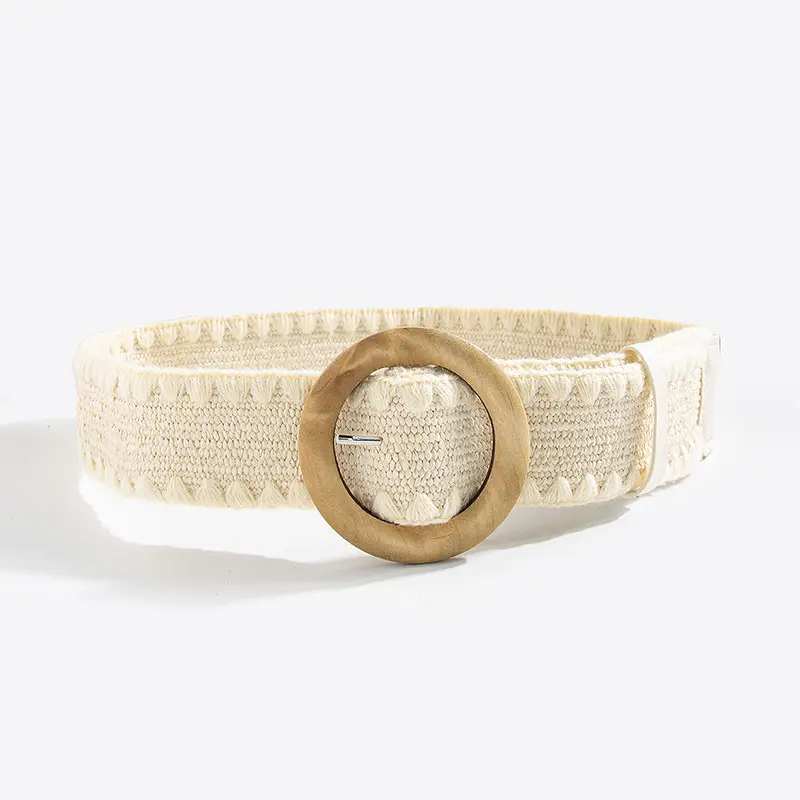 Women's Straw Wool Belt with Wooden Buckle