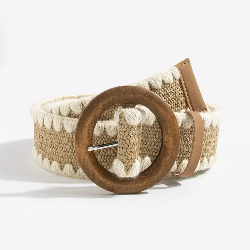 Women's Straw Wool Belt with Wooden Buckle
