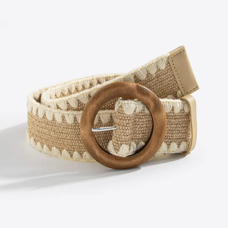 Women's Straw Wool Belt with Wooden Buckle