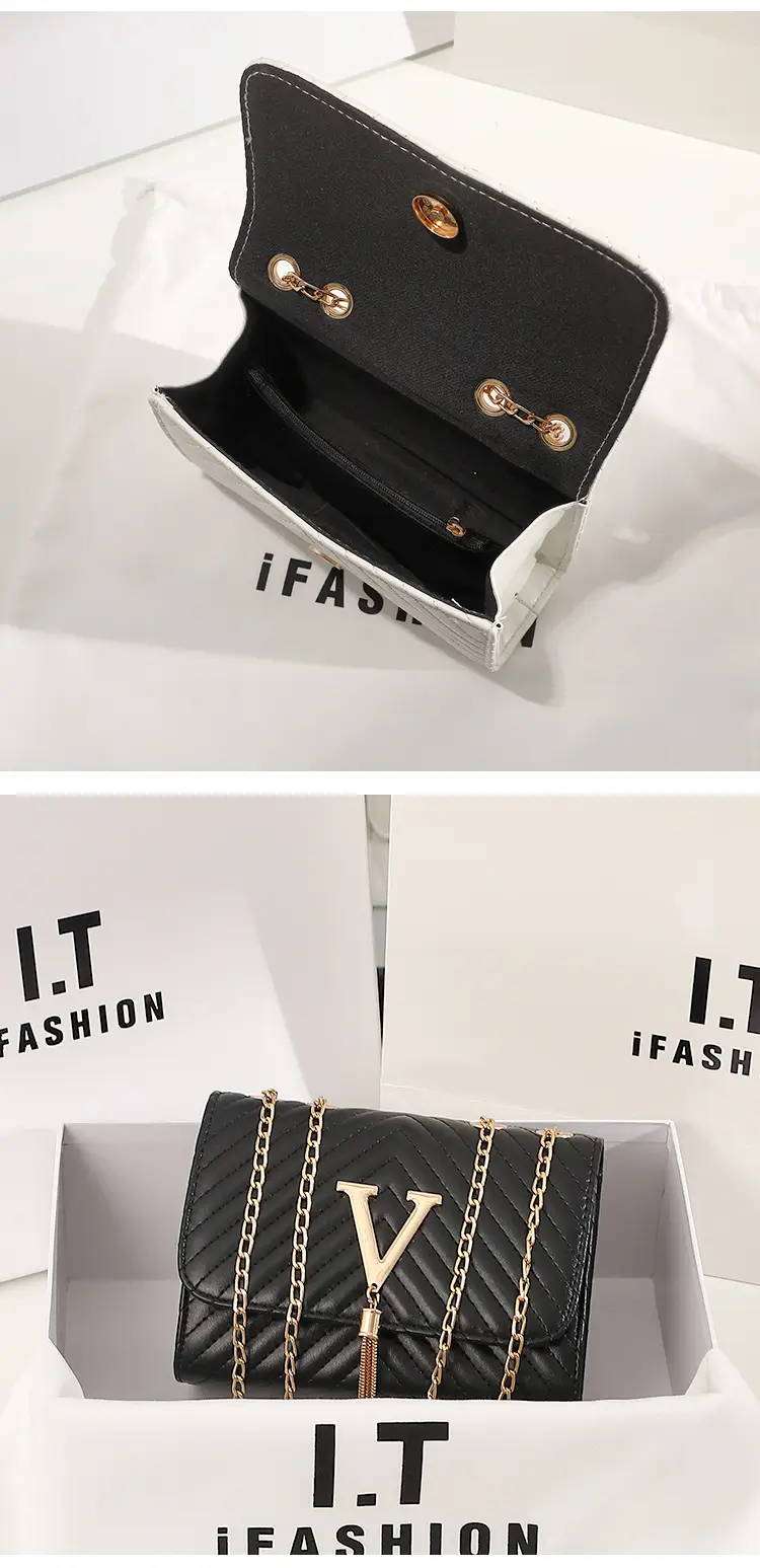Women's Black Striped Embroidered Square Chain Bag — feature 8