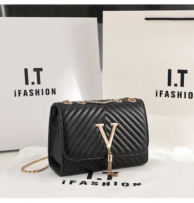 Women's Black Striped Embroidered Square Chain Bag — feature 9