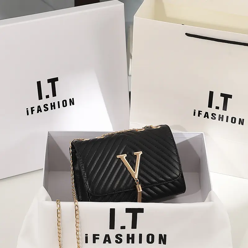 Women's Black Striped Embroidered Square Chain Bag - Image 2