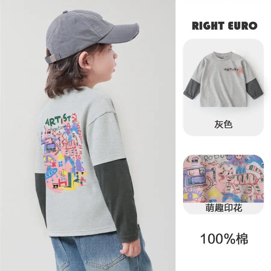 Right European Boys T-Shirt White 100% Cotton Long Sleeve - Image 2