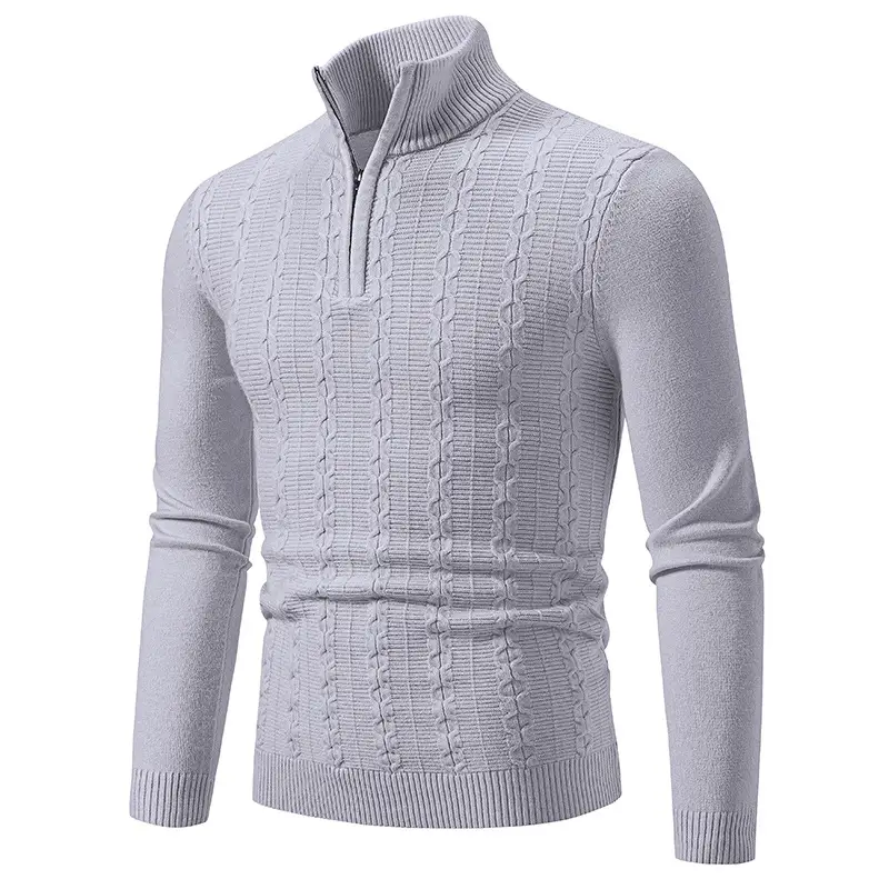 Men's Knit Collar Pullover Sweater Beige Plus Size - Image 2