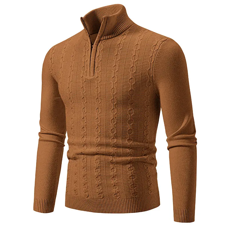 Men's Knit Collar Pullover Sweater Beige Plus Size - Image 8