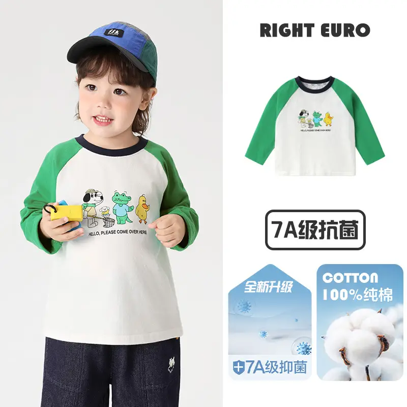 Right-Euro Boys Cotton Long Sleeve T-Shirt Green White 7A - Image 2