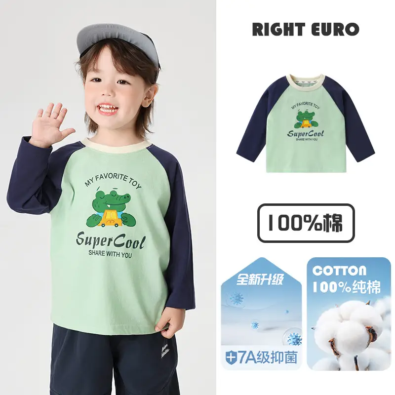 Right-Euro Boys Cotton Long Sleeve T-Shirt Green White 7A - Image 4